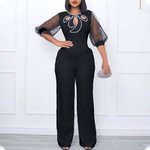 Short sleeve bubble sleeve pin bead sexy wide leg waist large jumpsuit