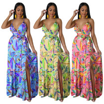 Simulated silk printed V-neck beach dress with strap Simulated silk printed V-neck beach dress with strap