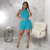 Fashion women's sleeveless round neck tassel plain casual two-piece set