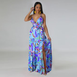 Simulated silk printed V-neck beach dress with strap