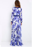 Women's dress flower blue and white porcelain V-neck printing large swing skirt