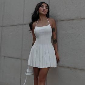 Temperament Waist Waist Show Thin Party Dress Sexy Hanging Neck Spicy Girl Open Back Woolen Short Dress