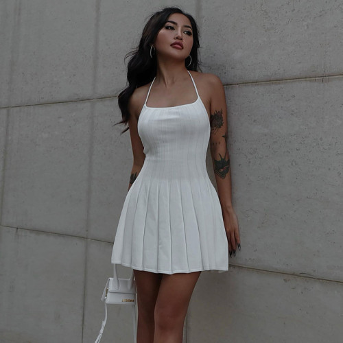 Temperament Waist Waist Show Thin Party Dress Sexy Hanging Neck Spicy Girl Open Back Woolen Short Dress