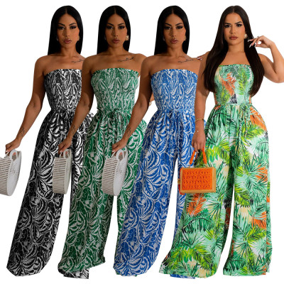 Women's sexy sleeveless open back printed wide leg jumpsuit