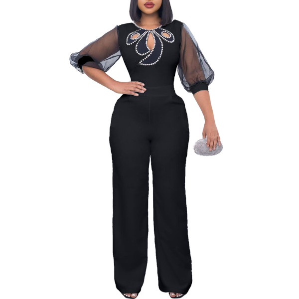 Short sleeve bubble sleeve pin bead sexy wide leg waist large jumpsuit
