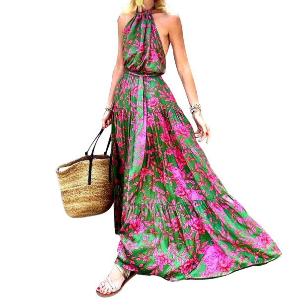 Women's neck hanging sexy backless printed fashion dress
