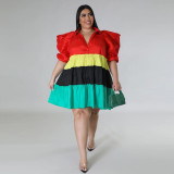 V-neck contrast satin dress with A-line skirt