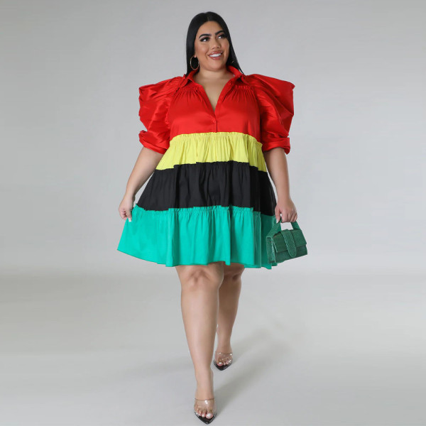 V-neck contrast satin dress with A-line skirt