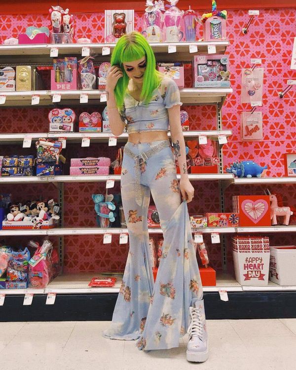 Digital printing mesh perspective flared trousers