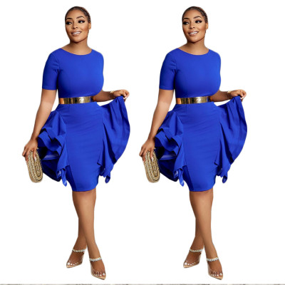 Women's short sleeve pleated irregular wave dress without belt