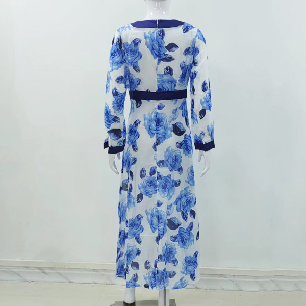 Women's dress flower blue and white porcelain V-neck printing large swing skirt