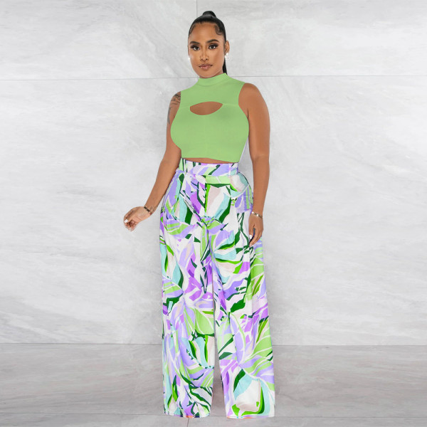 Sleeveless round neck short top printed wide leg pants two-piece set