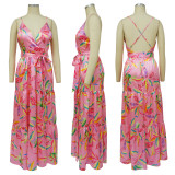 Simulated silk printed V-neck beach dress with strap