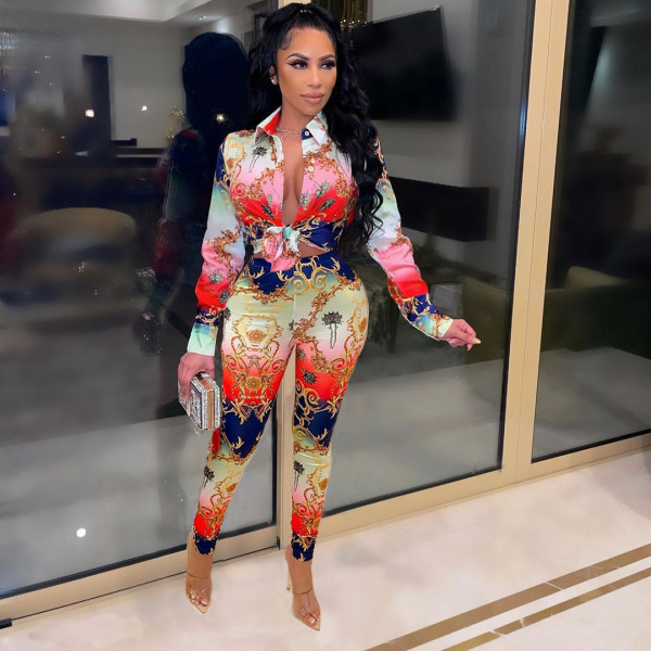 Long sleeve lace-up positioning printing two-piece set