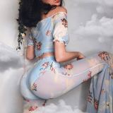 Digital printing mesh perspective flared trousers