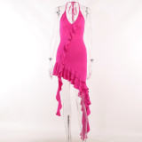 Fashionable sexy draped neck dress with solid color, slim fit, chest showing, hot girl, open backpack, hip skirt