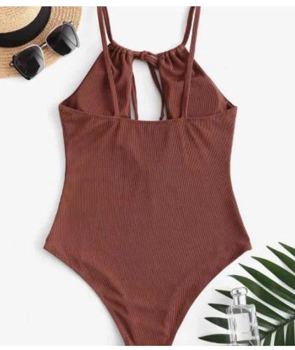 Sexy striped high-waisted conservative one-piece swimsuit
