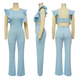 Ruffle round neck solid color fashion jumpsuit