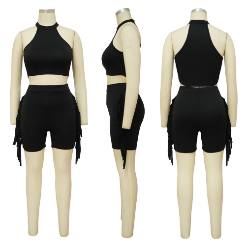 Fashion women's sleeveless round neck tassel plain casual two-piece set