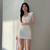 Fashion casual pure color versatile short skirt design feeling shrink pleated slim wrap hip dress