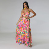 Simulated silk printed V-neck beach dress with strap