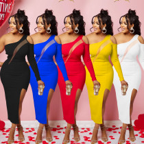 Fashion women's pure color diagonal shoulder mesh single long-sleeved dress Fashion women's pure color diagonal shoulder mesh single long-sleeved dress