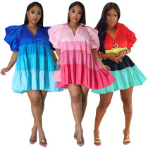 V-neck contrast satin dress with A-line skirt