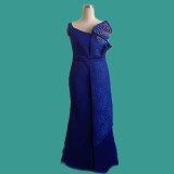 Irregular lace one-line neck handmade lotus leaf beaded slim dress