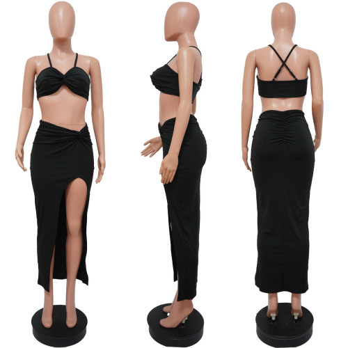 Pleated solid color skirt casual suit two-piece set