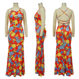 U-neck strap sexy open back fishtail print dress