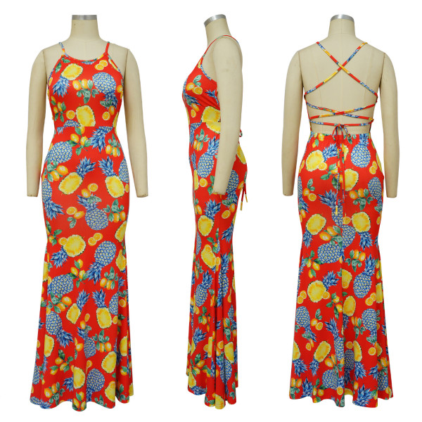 U-neck strap sexy open back fishtail print dress
