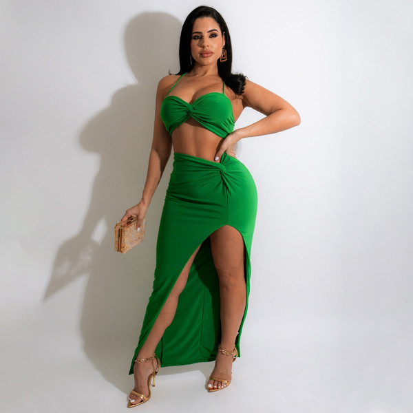 Pleated solid color skirt casual suit two-piece set