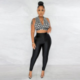 Sexy deep V-neck lace-up top+pencil pants sports two-piece set