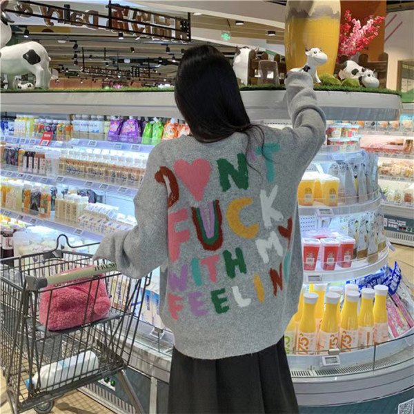 Colorful letter jacquard sweater slouchy loose versatile warm knit top