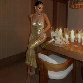 Bright Design Sexy Chest Show Waist Dress Holiday Style Slim Fit Spicy Girl Wrap Hip Long Dress