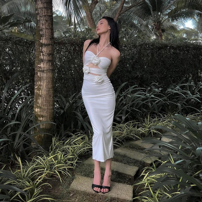 Three-dimensional flower design sexy show chest waist hollow hanging neck hot girl dress