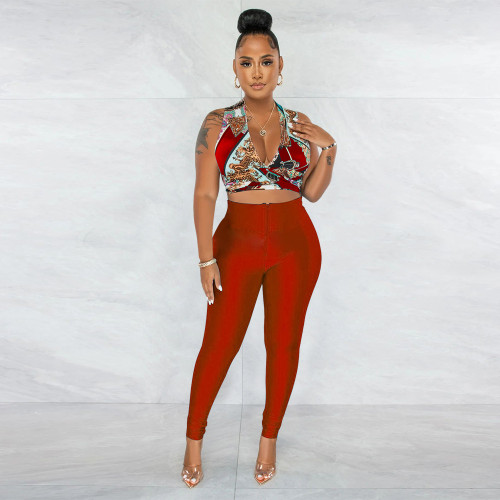 Sexy deep V-neck lace-up top+pencil pants sports two-piece set