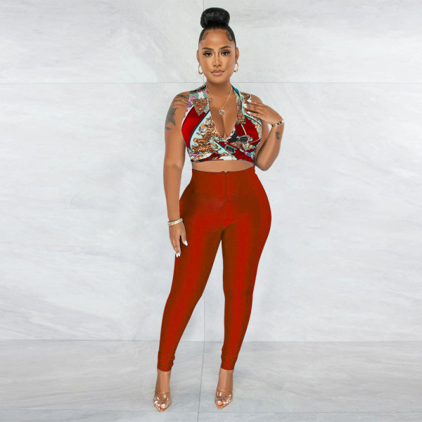 Sexy deep V-neck lace-up top+pencil pants sports two-piece set