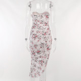 Print design shows chest and thin dress party style sexy slim fit bra split skirt