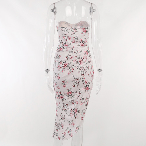 Print design shows chest and thin dress party style sexy slim fit bra split skirt