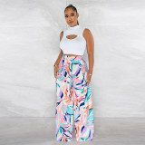 Sleeveless round neck short top printed wide leg pants two-piece set