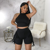 Fashion women's sleeveless round neck tassel plain casual two-piece set