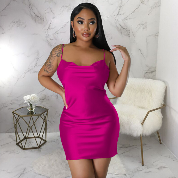 Women's pure color backless short skirt, imitation silk sexy swing neck dress with suspenders
