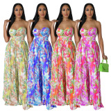 Sexy open back printed wide leg jumpsuit