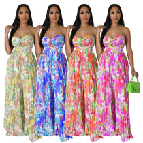 Sexy open back printed wide leg jumpsuit