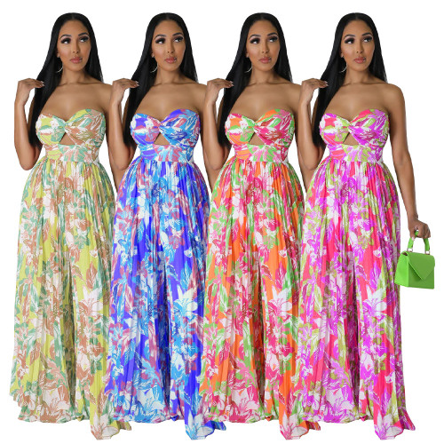 Sexy open back printed wide leg jumpsuit