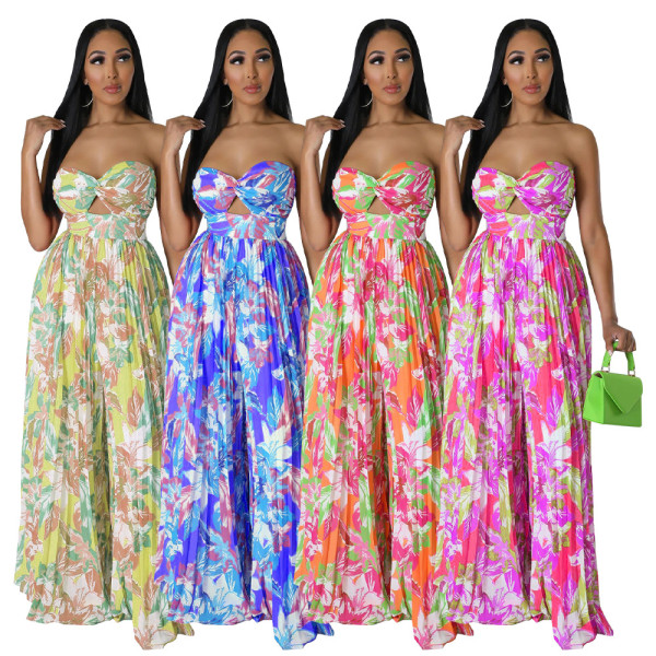 Sexy open back printed wide leg jumpsuit