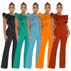 Ruffle round neck solid color fashion jumpsuit
