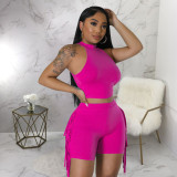 Fashion women's sleeveless round neck tassel plain casual two-piece set