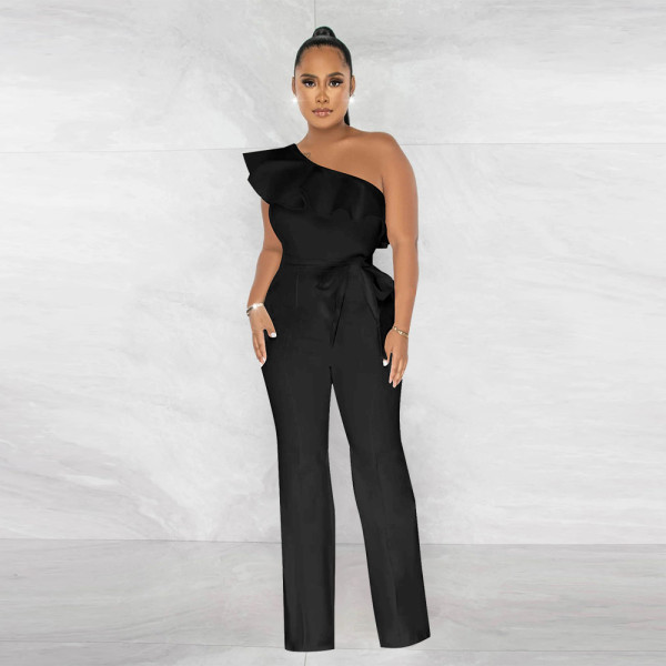 Wholesale of women's clothing Solid color ruffled jumpsuit with belt
